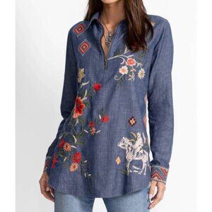 Johnny Was Helena Blue Denim Floral Embroidered Shirt, XL